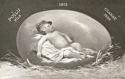 1915, påskkort som visar redan beväpnad babysoldat i ägg av French Photographer