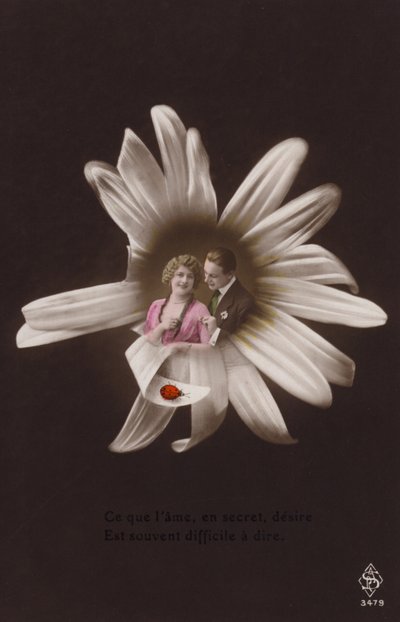 Ett ungt par i mitten av en blomma med nyckelpiga (tonat fotocollage) av French Photographer