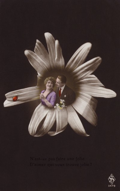 Ett ungt par i mitten av en blomma med nyckelpiga (tonat fotocollage) av French Photographer