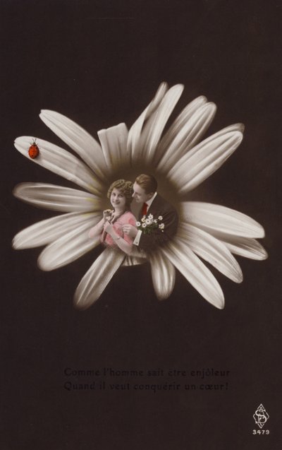 Ett ungt par i mitten av en blomma med nyckelpiga (tonat fotocollage) av French Photographer