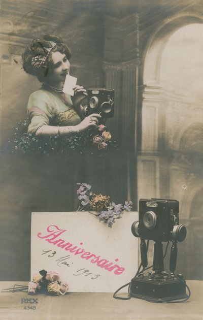 Födelsedagshälsningar vykort skickat 1913 (handfärgat foto) av French Photographer