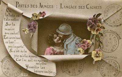 Kort som förklarar användningen av vykort för de med män i armén av French Photographer