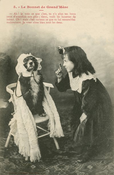 Barn som klär sin hund i en huva (s/v foto) av French Photographer
