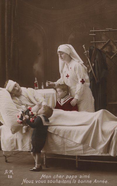 Barn som önskar ett gott nytt år till sin skadade far, WW1 av French Photographer