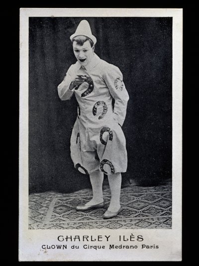 Clownen Charley Iles (1876-?) från Medrano-cirkusen i Paris, cirka 1910, vykort, Frankrike, 1900-talet av French Photographer