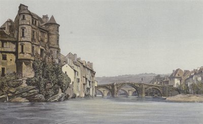 Espalion, Old Courthouse och Old Bridge over the Lot av French Photographer