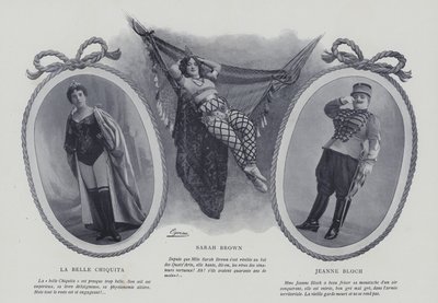 Franska skådespelerskor och sångerskor La Belle Chiquita, Sarah Brown och Jeanne Bloch (s/v foto) av French Photographer