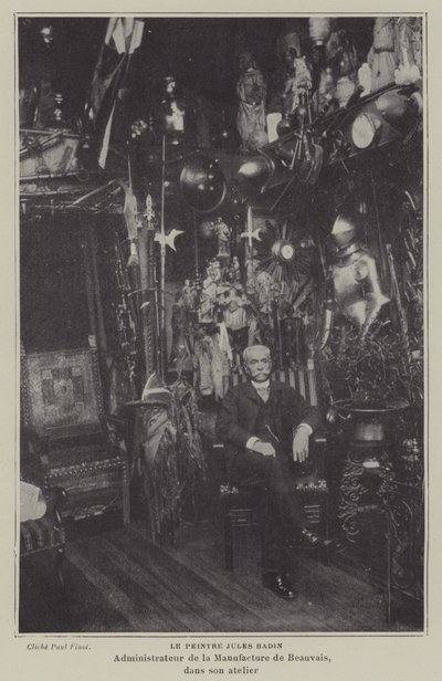Franske målaren Jules Badin, chef för Beauvais Tapestry Manufacture, i sin verkstad (s/v foto) av French Photographer
