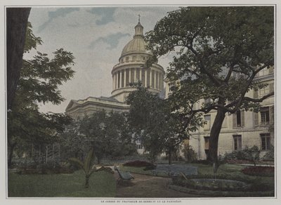 Trädgården för rektorn för Lycee Henri IV och kupolen på Pantheon, Paris (färg litho) av French Photographer