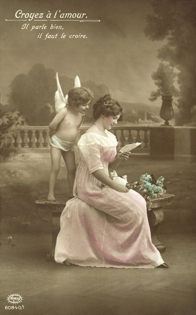Flicka som läser ett kärleksbrev, med Amor som tittar över hennes axel av French Photographer