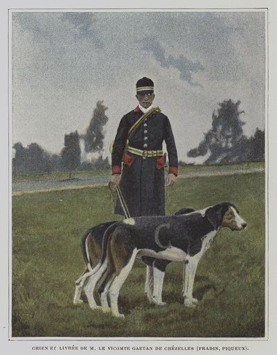 Hund och jägare i färgen av jakten på Vicomte Gaetan de Chezelles, Frankrike (färgfoto) av French Photographer