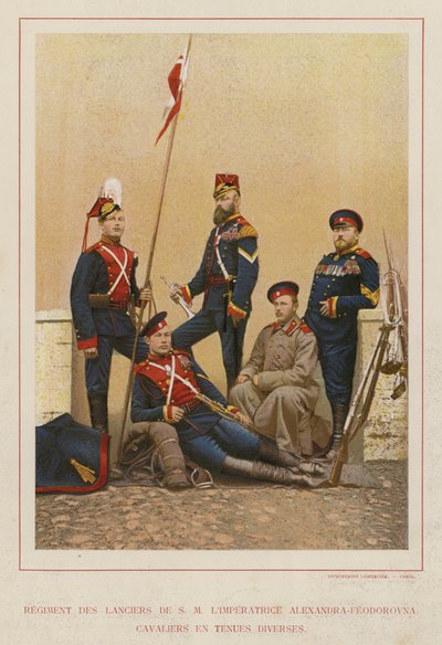 Den ryska armén: Regiment Of Lancers Of S M Kejsarinnan Alexandra-Feodorovna, kavaljerer i olika kläder (foto) av French Photographer
