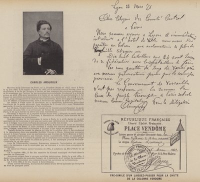 Pariskommunen, Charles Amouroux, fax av ett pass för fallen av Vendome-kolonnen (s/v foto) av French Photographer