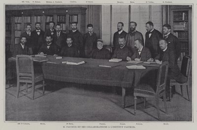 Louis Pasteur och hans medarbetare i arbetet med ett vaccin mot krupp vid Institut Pasteur i Paris (s/v foto) av French Photographer