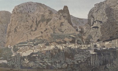 Moustiers-Sainte-Marie, allmän utsikt och kapellet Notre-Dame de Beauvoir av French Photographer