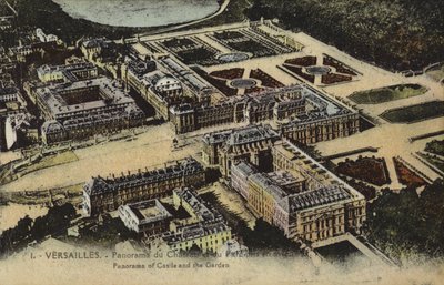 Panoramautsikt över slottet och trädgårdarna i Versailles (färgfoto) av French Photographer