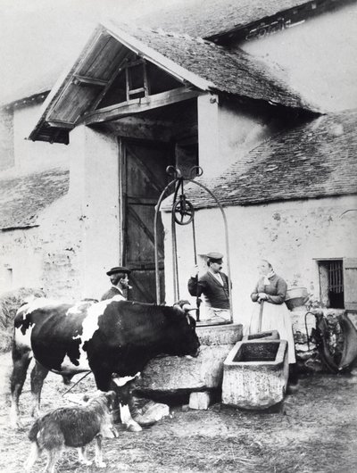 Bönder runt en brunn, på en bondgård, ca 1860-70 (s/v foto) av French Photographer