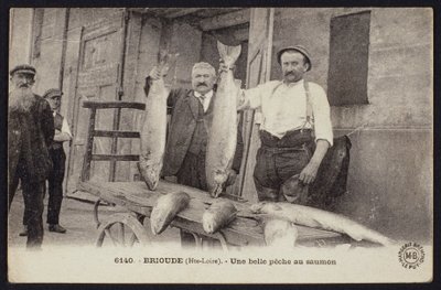Vykort som visar en bra fångst av lax i Brioude, Haute-Loire, ca 1900 av French Photographer