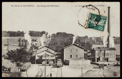 Vykort som visar gruvorna i Grosmenil, sorterar ut kol, Haute-Loire, ca 1900 av French Photographer