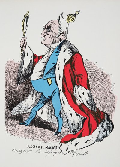 Robert Macaire - Trying on the Royal Disfrock, från Histoire de la Troisieme Republique, Vol. I, Politisk historia, utg.1933 (färg litho) av French Photographer