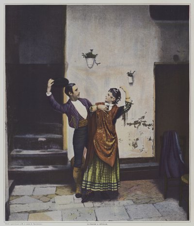 Spanska dansare i Sevilla (färg litho) av French Photographer