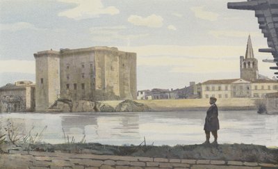 Tarascon, Chateau, klocktorn i Sainte-Marthe-kyrkan och hängbron över Rhône av French Photographer