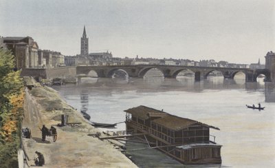 Toulouse, Pont-Neuf och Eglise N D, från Dalbade, utsikt nedströms, tagen på stranden av Garonne av French Photographer