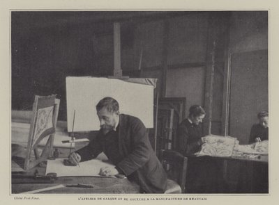 Spårnings- och syverkstad vid Beauvais Tapestry Manufacture, Frankrike (s/v foto) av French Photographer