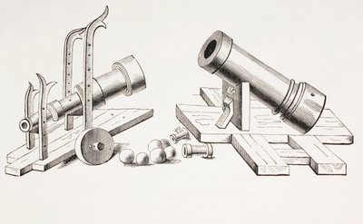 1400-talskanoner, med fast vapenvagn (höger) och rullande vapenvagn (vänster) från Les Arts au Moyen Age, publicerad 1873 av French School