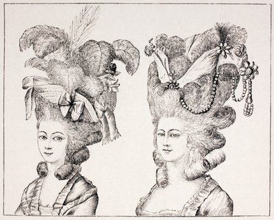 Franska 1700-talsflickor som bär extravaganta frisyrer och hattar, 1875 av French School