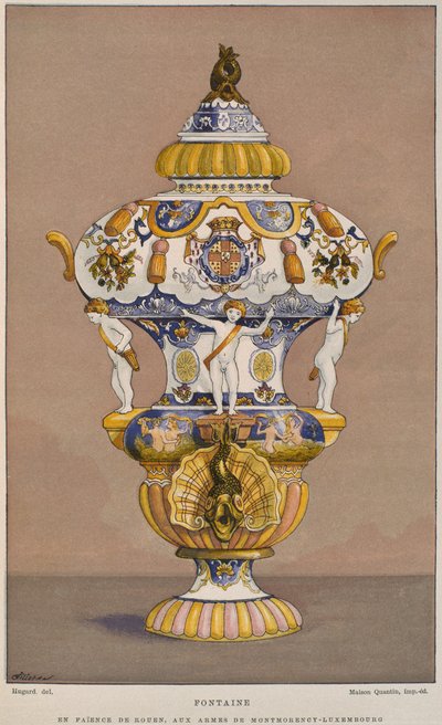 1700-tals fajansfontän med Montmorency Luxemburgs vapen, tillverkad i Rouen, illustration från Dictionnaire de lameublement et de la dekoration av Henry Havard, volym 2, av French School