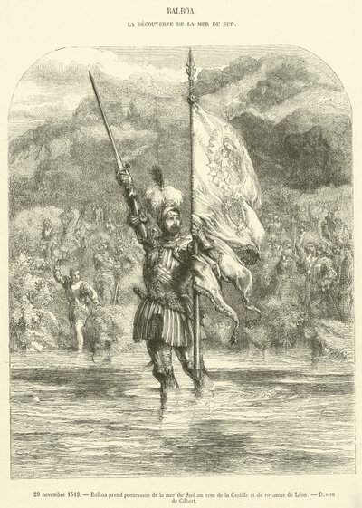 29 november 1513 tar Balboa Sydsjön i besittning i namnet Kastilien och kungariket Leon (gravyr) av French School