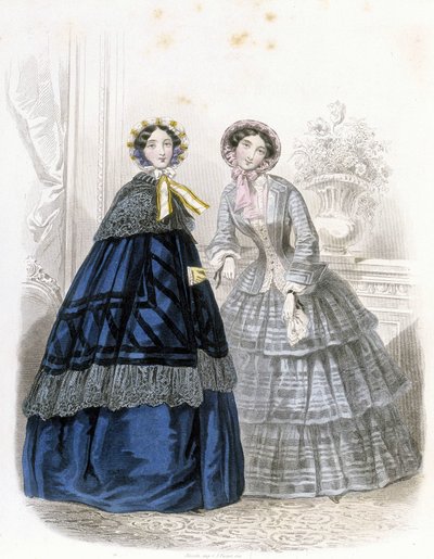 2 fashionabla kvinnor: i outfit - i "" Journal des Demoiselles"" 1852 (gravyr) av French School