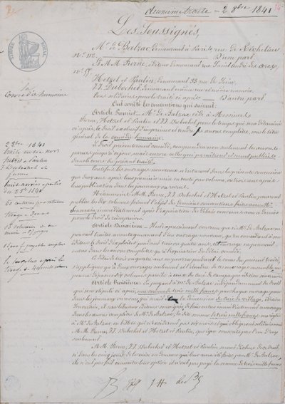 2:a kontraktsdokumentet avseende La Comedie Humaine mellan Honore de Balzac (1799-1850) och Hetzel, Paulin, Dubochet och utgivaren Charles Furne, 2 oktober 1841 av French School