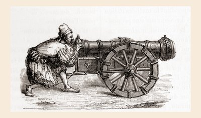 En tysk kanon med bakslut från 1500-talet från Les Merveilles de la Science, publicerad ca 1870 (gravyr) av French School