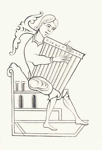 En musiker från 900-talet som spelar ett musikinstrument känt som ett psalterium, från 