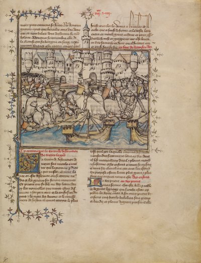 Ett slag från det trojanska kriget, ca 1390-1400 (tempera, tvättar och bladguld på pergament) av French School
