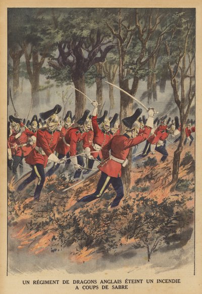 Ett brittiskt regemente av drakar som använder sina svärd för att släcka en eld (färg litho) av French School