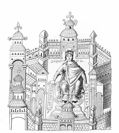 En karlovingisk kung i sitt palats, som personifierar visdom som tilltalar hela mänskligheten, efter en miniatyr i ett manuskript, kopierat av greve Horace de Viel-Castel (1798-1864) av French School