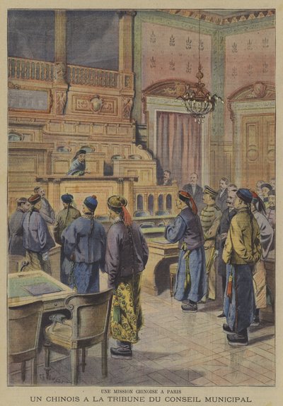 Ett kinesiskt uppdrag till Paris: en av de kinesiska delegaterna på talarstolen i kommunfullmäktige (färg litho) av French School