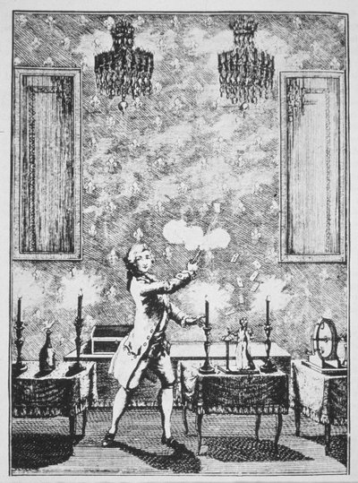 A Demonstration of Conjuring från La magie Blanche devoilee av Decremps, 1659, illustrerad i a History of Magic, publicerad i slutet av 1800-talet av French School