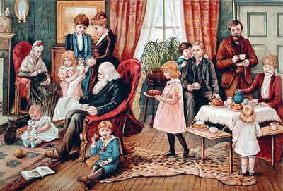 En familj som tar te, ca 1900 (färg litho) av French School