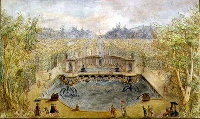 En formell trädgård med fontäner, ca 1770 (penna & bläck och akvarell på papper) av French School