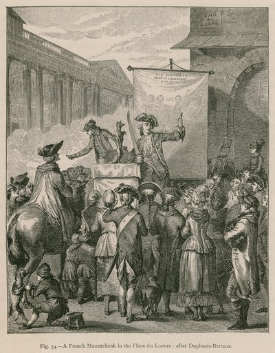 En fransk Mountebank i Place du Louvren; efter Duplessis-Bertaux av French School