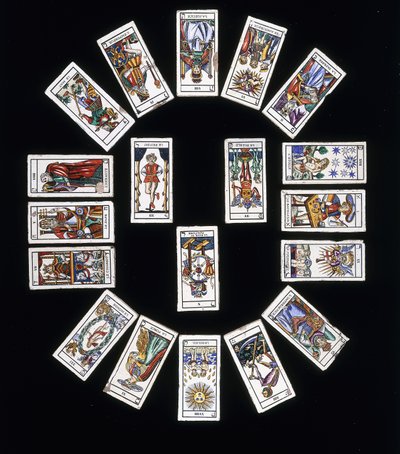 En fransk kakelpanel i stengods, dekorerad med en kortlek av Marseilles tarotkort, 1900-talet av French School