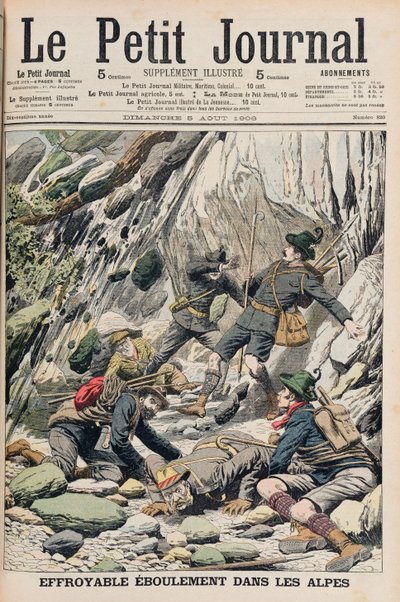 Ett skrämmande stenfall i Tyrolen, illustration från "Le Petit Journal", 5 augusti 1906 av French School