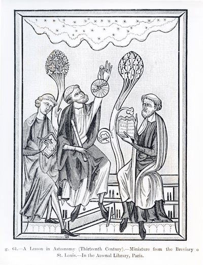 A Lesson in Astronomy, från Breviary of St. Louis, illustration från Science and Literature in the Middle Ages and the Renaissance, skriven och graverad av Paul Lacroix, 1878 (bw foto av French School
