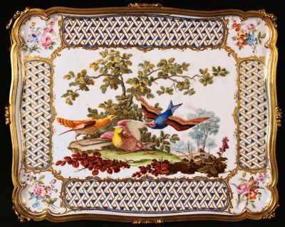 En bricka av Louis XV Sevres dekorerad med tre exotiska fåglar i ett landskap, som bildar toppen av ett bord, ett kafé, 1761 av French School