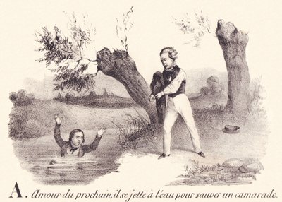 S: Kärlek till nästa, han kastar sig i vattnet för att rädda en kamrat. av French School