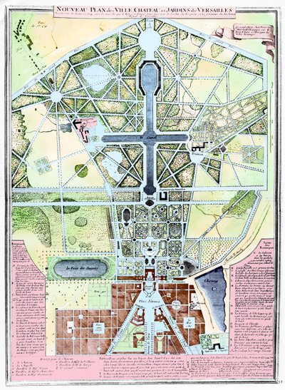 En ny plan för staden, slottet och trädgårdarna i Versailles, 1714 av French School